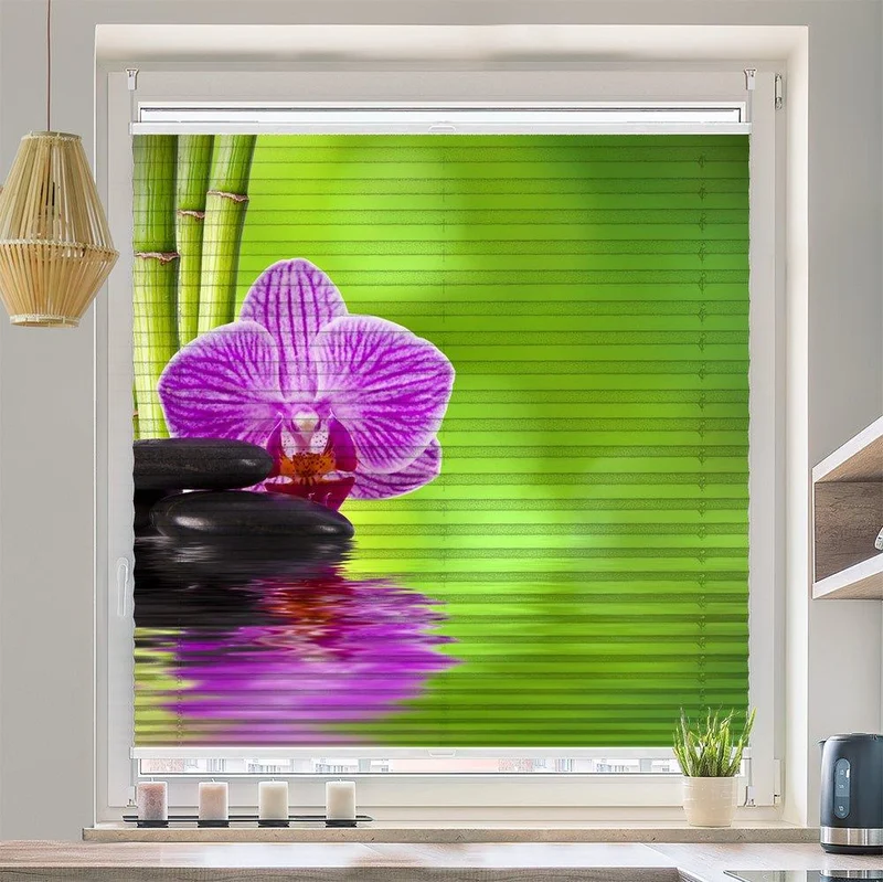 Plissee Motiv "Bambus Orchidee Steine"