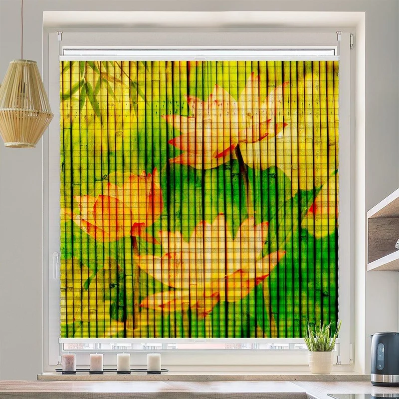 Wabenplissee Motiv "Seerosen Auf Bambus Gemalt"