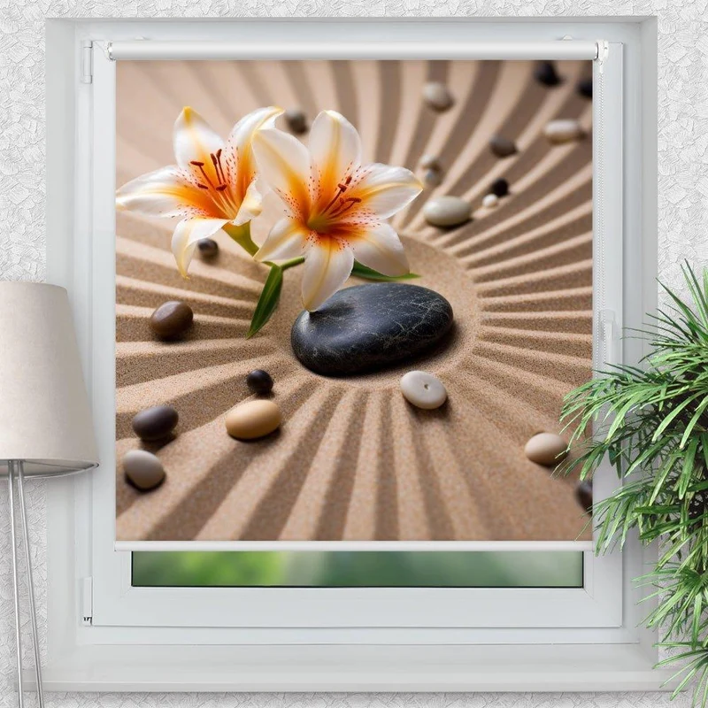 Klemmfix Rollo "Lilien Steine Sand" | Motiv-Klemmrollo