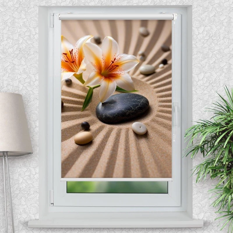 Klemmfix Rollo "Lilien Steine Sand" | Motiv-Klemmrollo