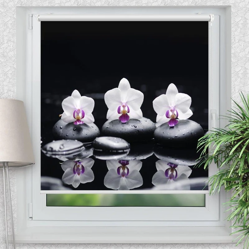 Klemmfix Rollo "Orchideen Wasser Spiegel Steine" | Motiv-Klemmrollo