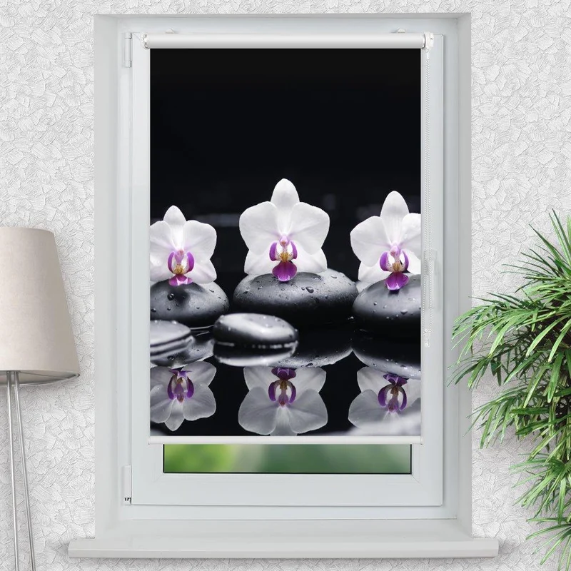 Klemmfix Rollo "Orchideen Wasser Spiegel Steine" | Motiv-Klemmrollo