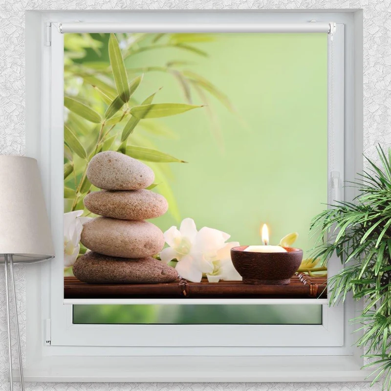 Klemmfix Rollo "Orchideen Bambus Steinturm Kerze" | Motiv-Klemmrollo