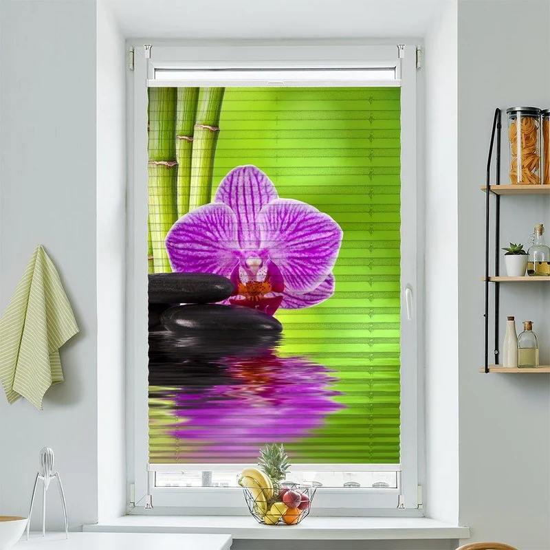 Wabenplissee Motiv "Bambus Orchidee Steine"