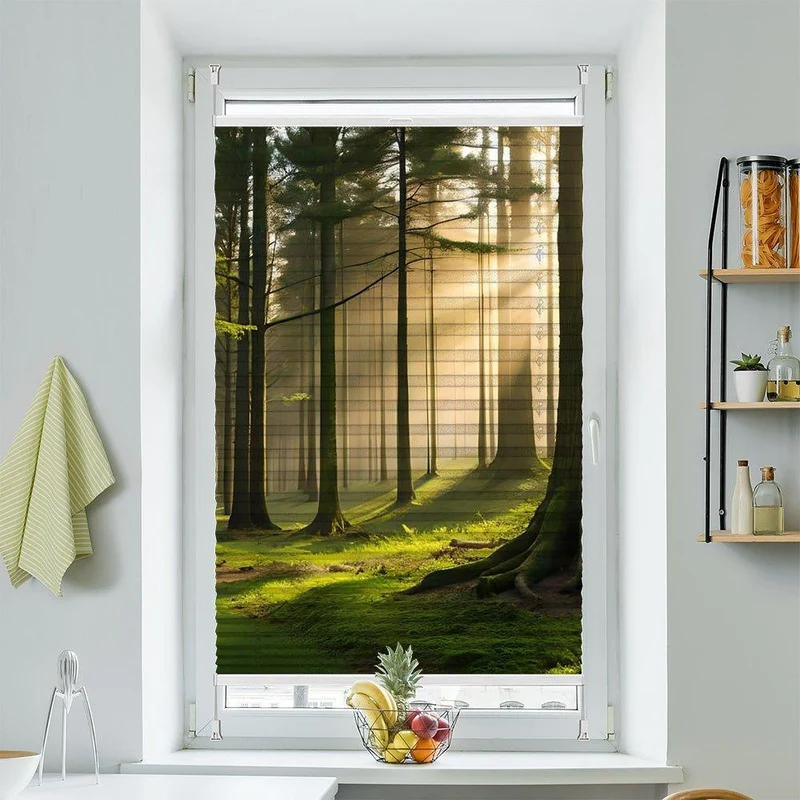 Wabenplissee Motiv "Wald Nebel Baeume"