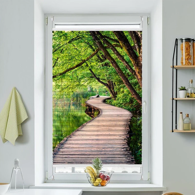 Wabenplissee Motiv "Wald See Steg"