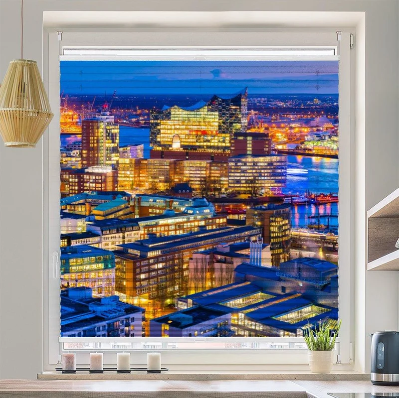 Wabenplissee Motiv "Hamburg Nacht Hafen Skyline"