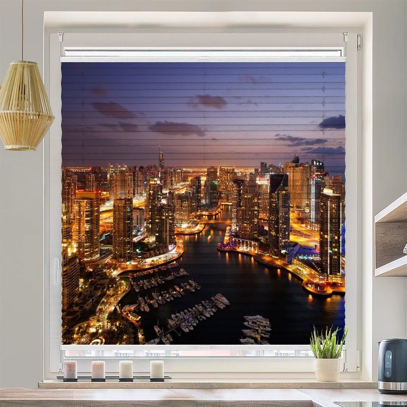 Wabenplissee Motiv "Dubai Hafen Skyline Nacht"