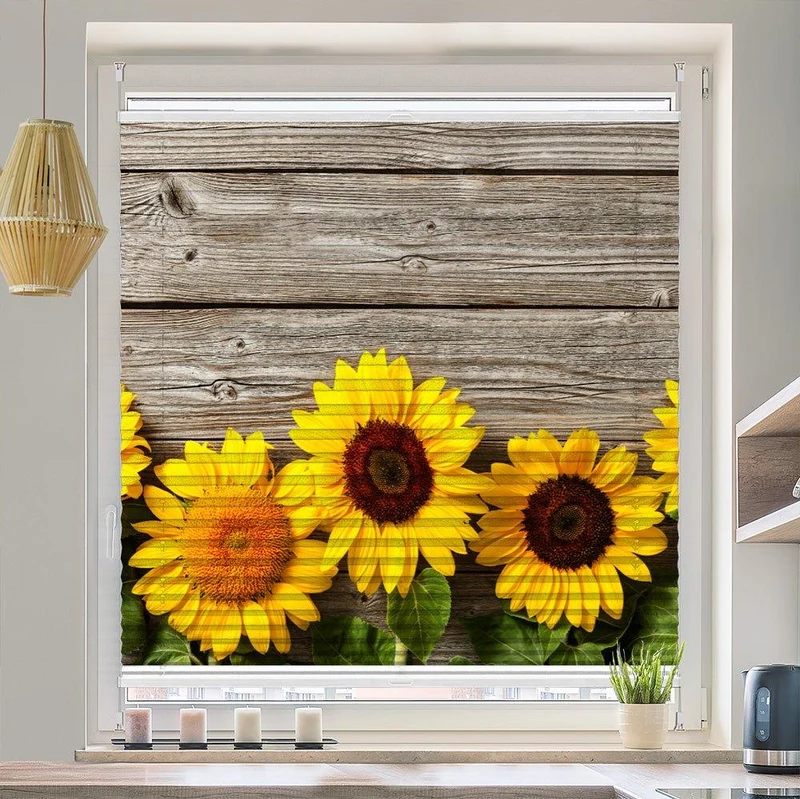 Wabenplissee Motiv "Sonnenblumen Holzwand"