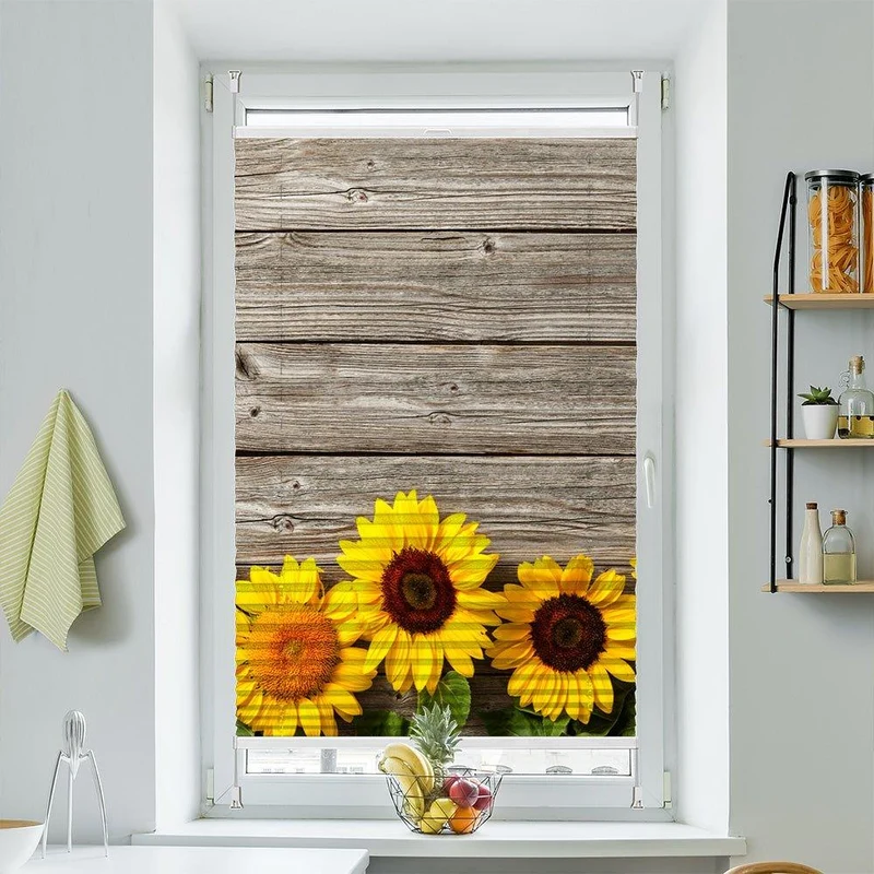 Wabenplissee Motiv "Sonnenblumen Holzwand"
