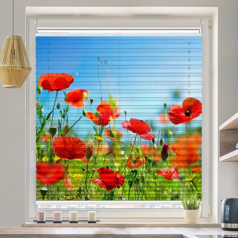 Wabenplissee Motiv "Blumenwiese Mohnfeld sonne"