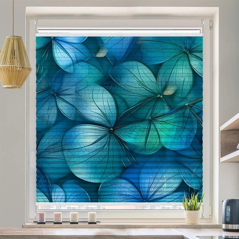 Wabenplissee Motiv "Blueten Blaetter Blau transparent"