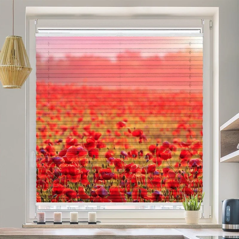 Wabenplissee Motiv "Feld Roter Mohn sonnenaufgang"