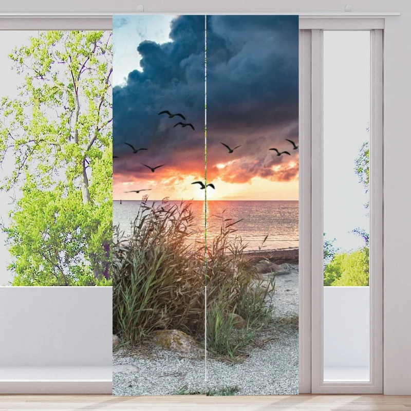 Schiebegardine Motiv "Sonnenuntergang Strand Meer Vögel"