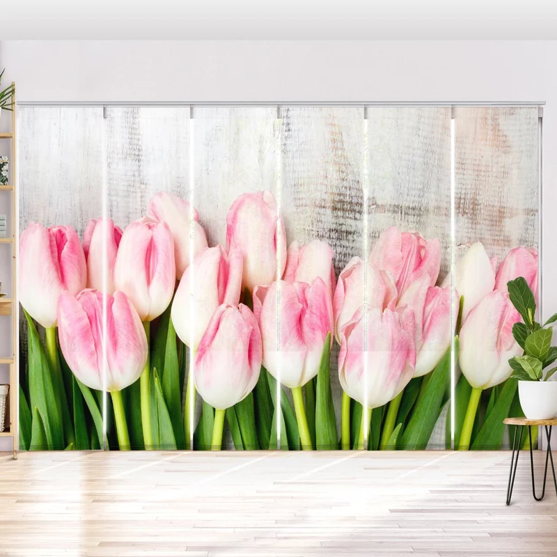 Schiebegardine Motiv "Tulpen Holzwand"