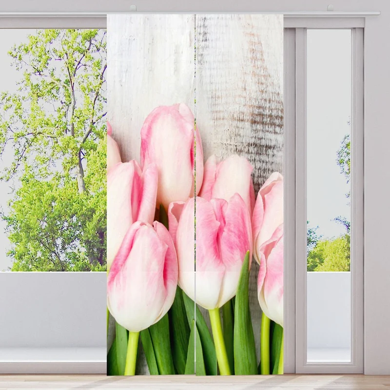 Schiebegardine Motiv "Tulpen Holzwand"
