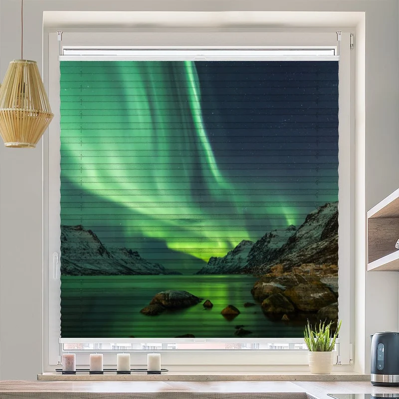 Wabenplissee Motiv "Nordlicht Fjord Norwegen"