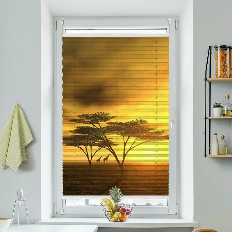 Wabenplissee Motiv "Afrika Giraffen Bäume"