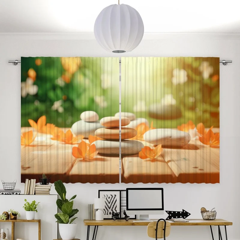 Vorhang Motiv "Blüten zen stones Holzsteg"