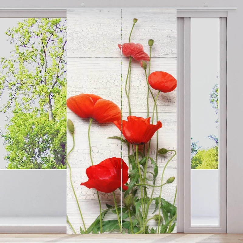 Schiebegardine Motiv "Mohnblumen vor Holzwand"