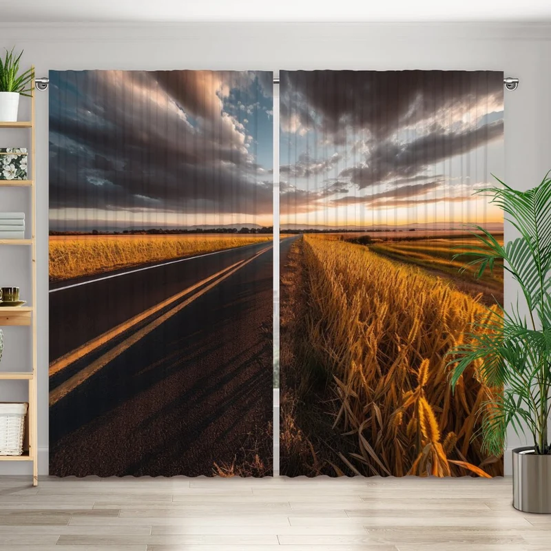 Vorhang Motiv "Strasse Kornfeld Sonnenuntergang"