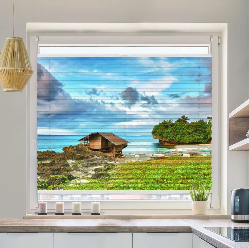 Wabenplissee Motiv 'Fischerhuette Meer'
