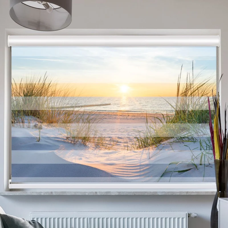 Doppelrollo mit Kassette "Kueste Meer Sonnenuntergang"