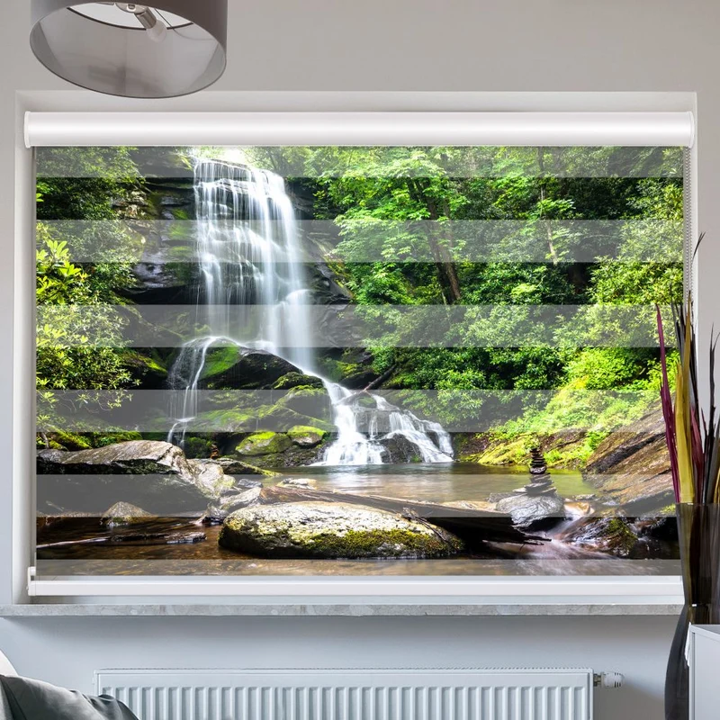 Doppelrollo mit Kassette "Wasserfall Wald Steine"