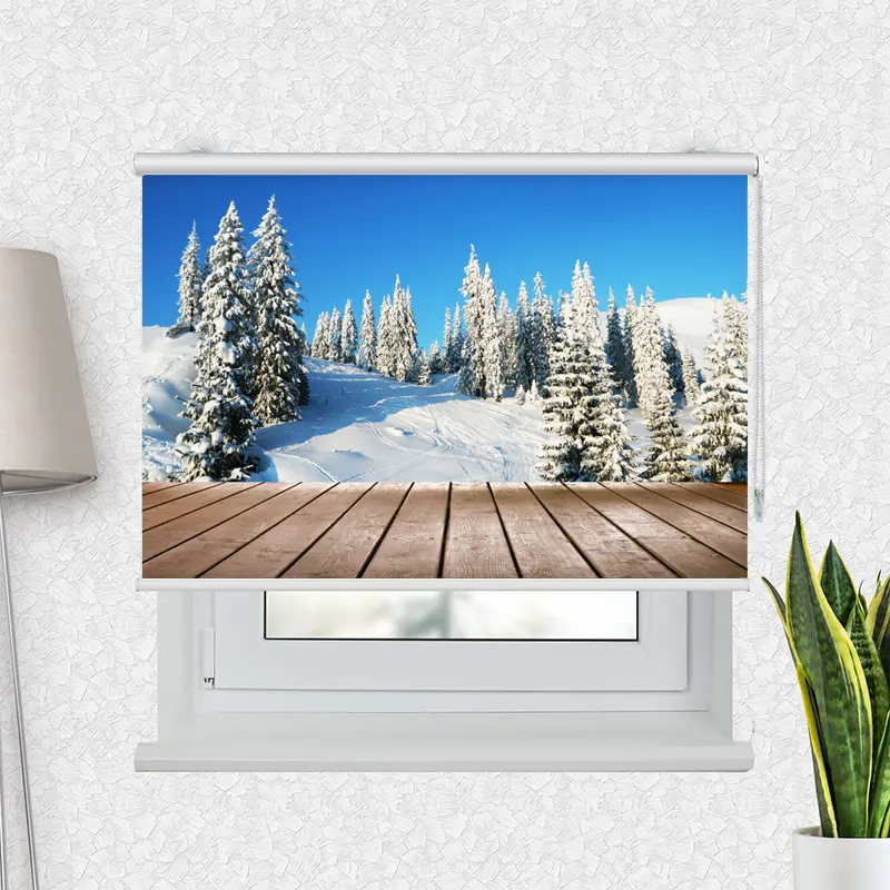 Motivrollo 'Holzsteg Schneelandschaft' | Bis B 430 x H 440 cm