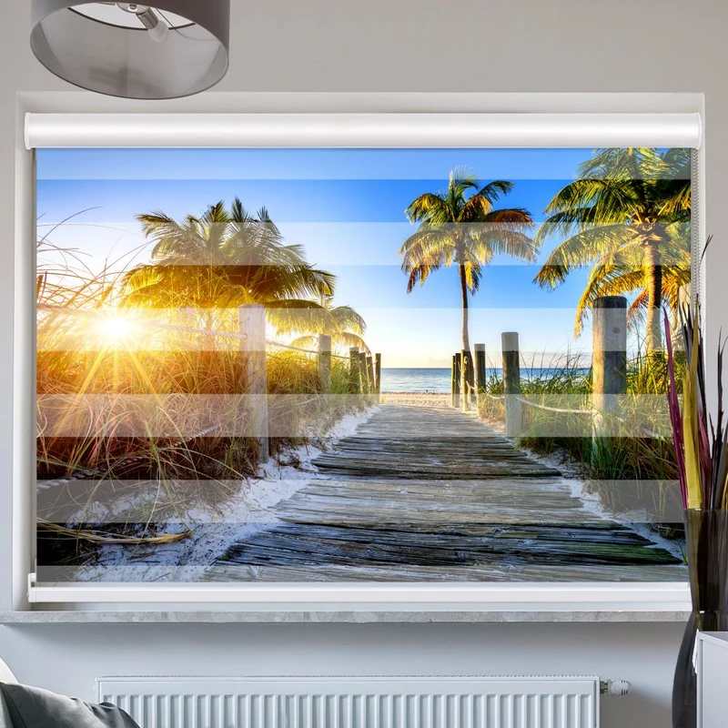 Doppelrollo mit Kassette "Strand Palmen Weg"