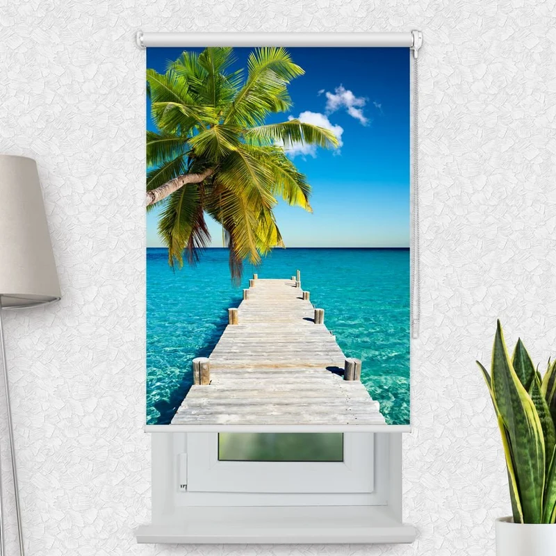Motivrollo 'Steg Ins Meer Mit Palme' | Bis B 430 x H 440 cm