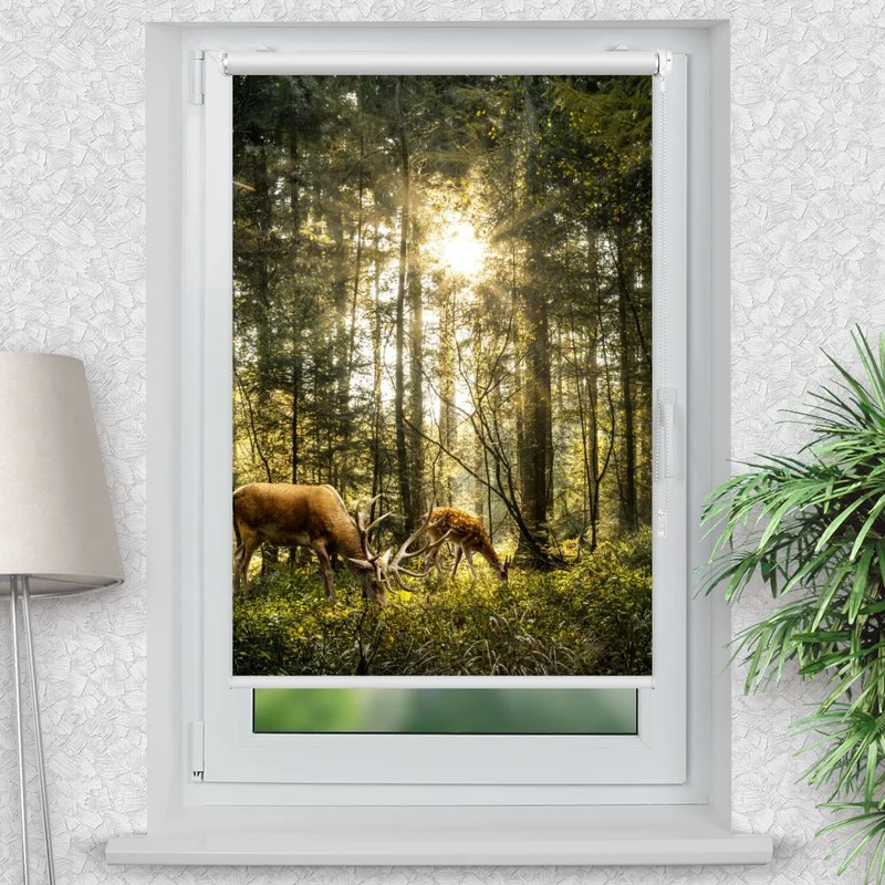 Klemmfix Rollo "Hirsch Reh Wald Sonnehirsch Sonne" | Motiv-Klemmrollo