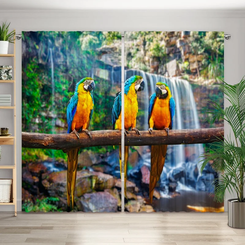 Vorhang Motiv "Papageien Urwald Wasserfall"