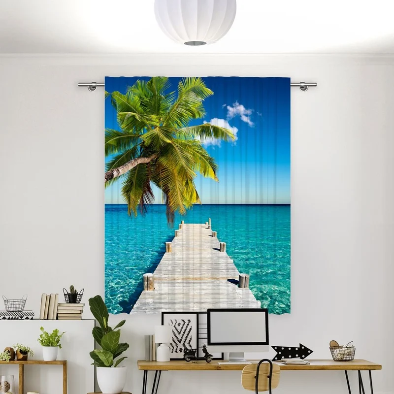 Vorhang Motiv 'Steg Ins Meer Mit Palme'