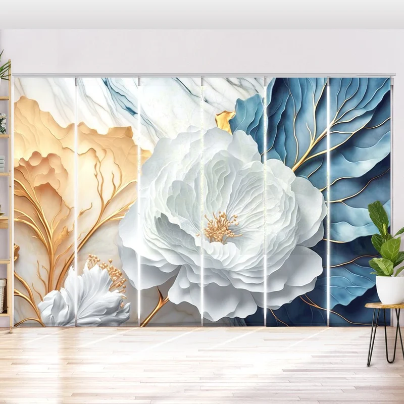 Schiebegardine Motiv "Weisse Blume blauer Hintergrund"