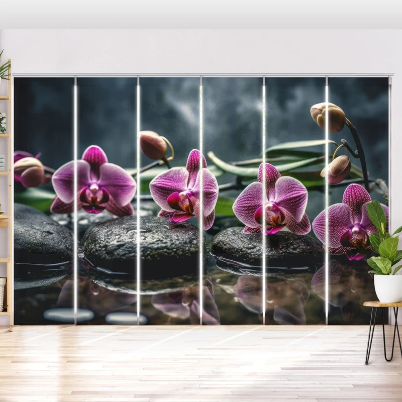 Schiebegardine Motiv "Orchidee pink zen stones"