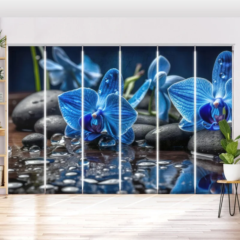 Schiebegardine Motiv "Blaue Orchidee zen stones"