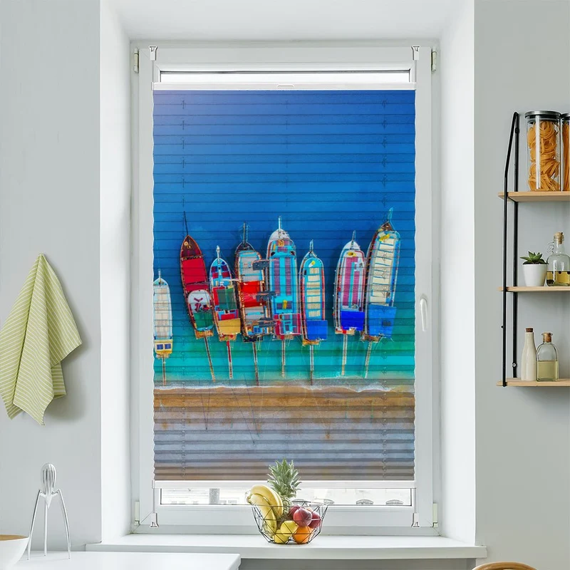 Wabenplissee Motiv "Boote Strand Meer"
