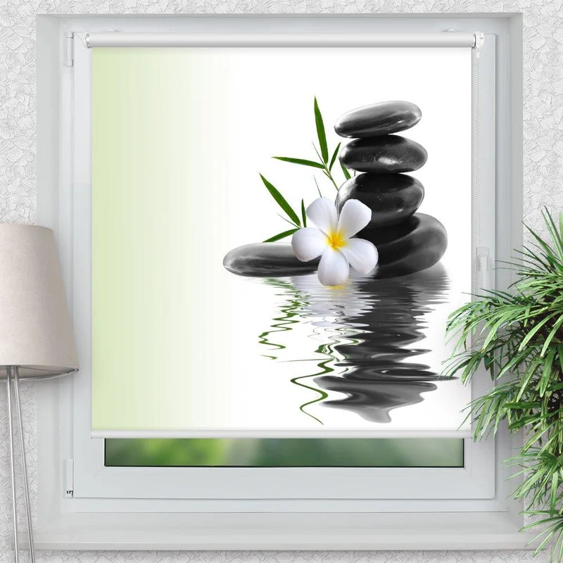 Klemmfix Rollo "Frangipani Steinturm Wasserspiegel" | Motiv-Klemmrollo