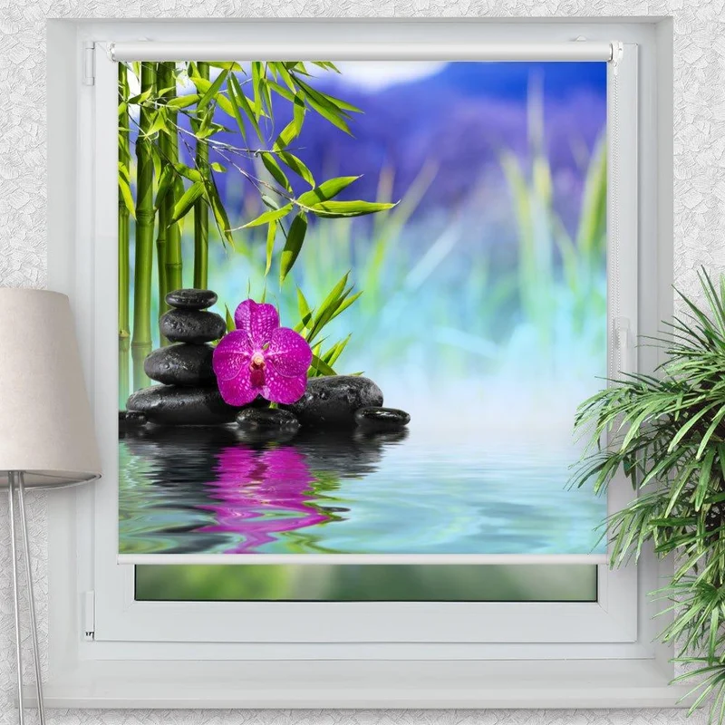 Klemmfix Rollo "Steinturm Wasser Orchidee Spiegelung" | Motiv-Klemmrollo