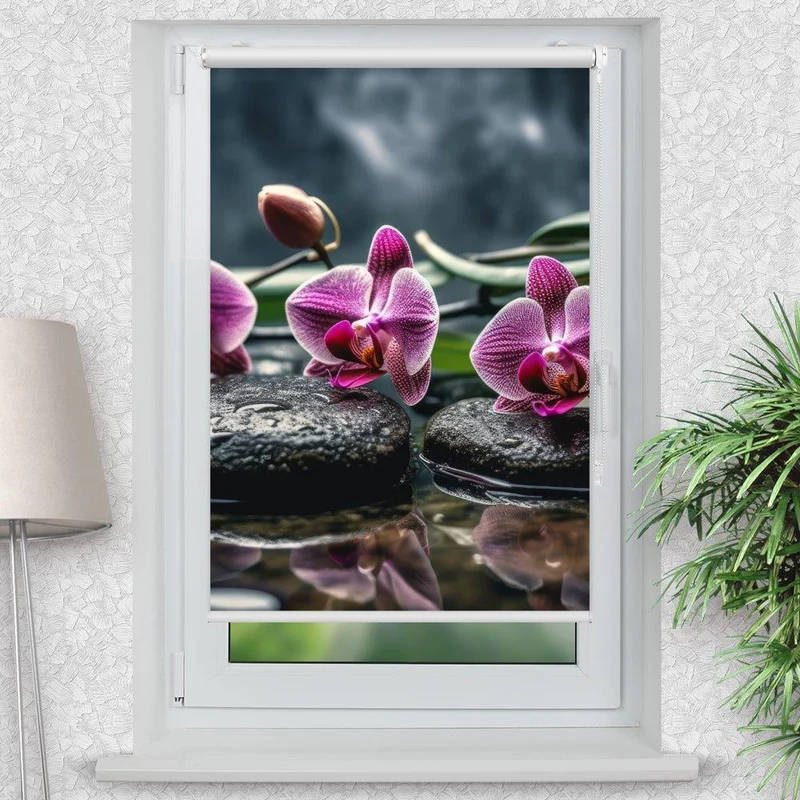 Klemmfix Rollo "Orchideen Pink Steine Wasser" | Motiv-Klemmrollo