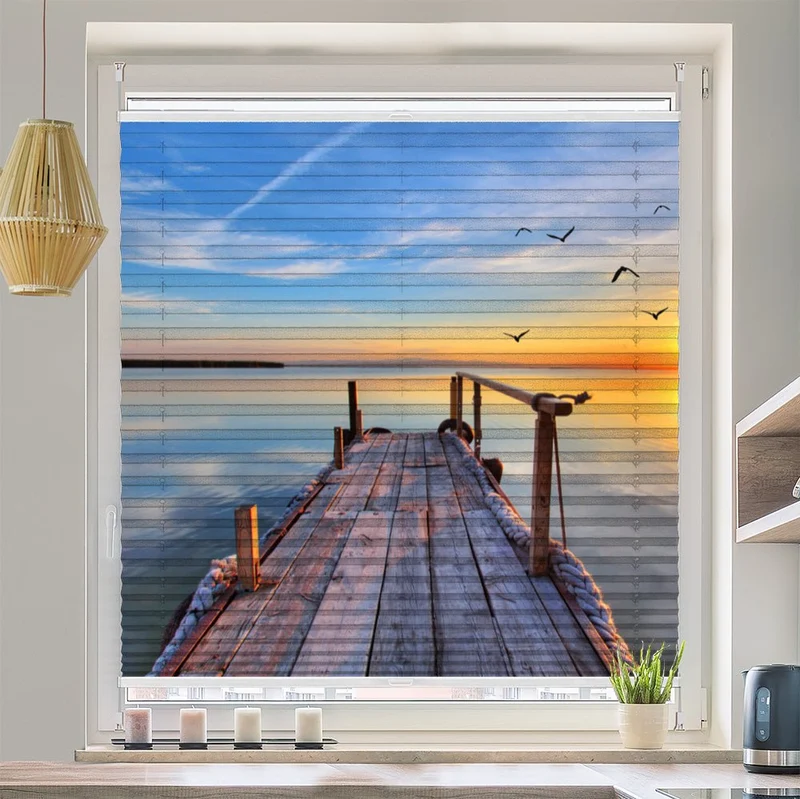 Wabenplissee Motiv "See Steg Sonnenuntergang"