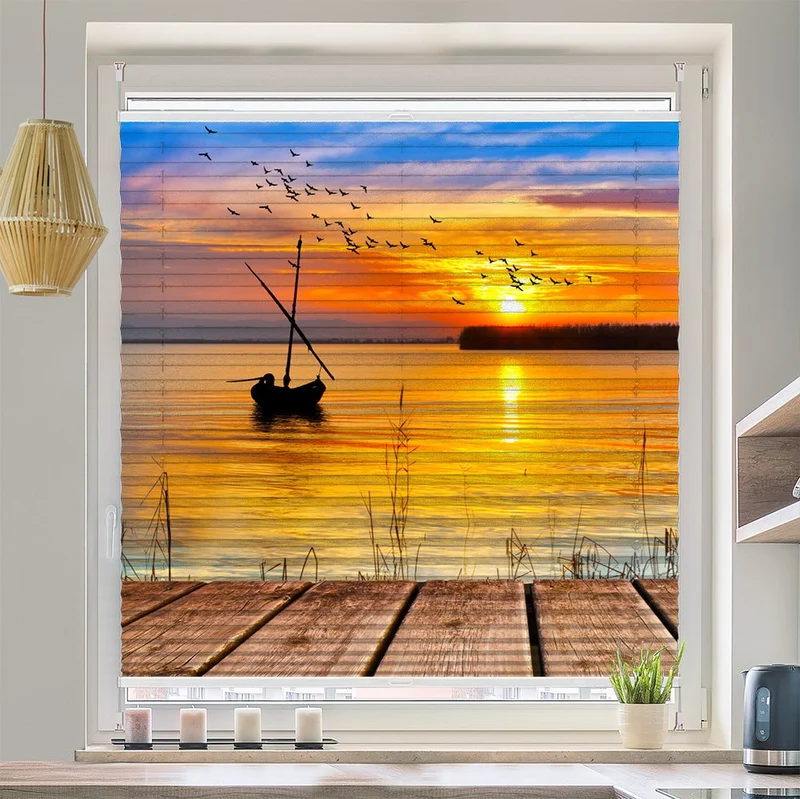 Wabenplissee Motiv "Segelboot Sonnenuntergang Steg"