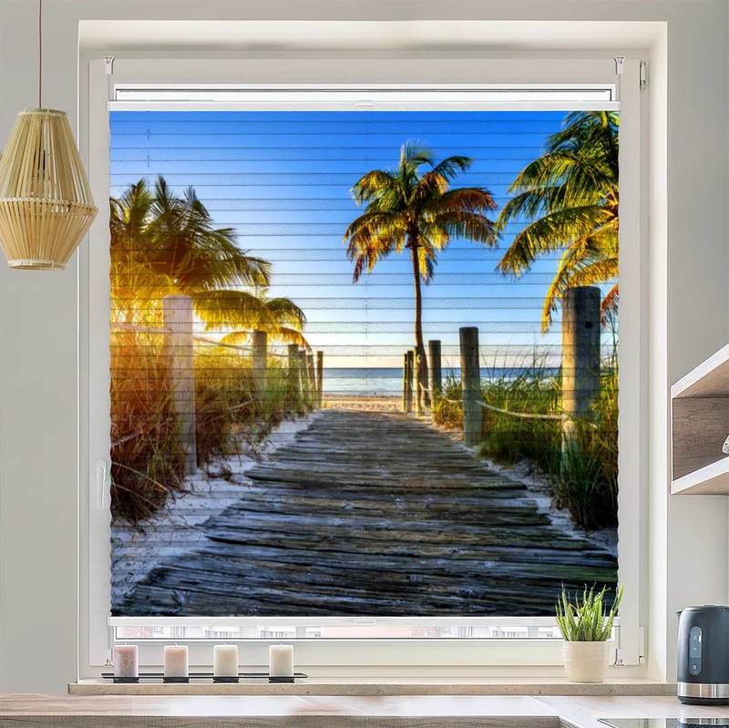 Wabenplissee Motiv "Miami Sonnenuntergang Palmen"