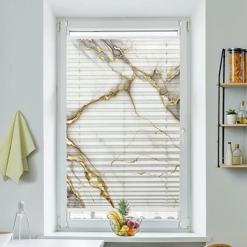 Plissee Motiv "Marmor weiss gold"