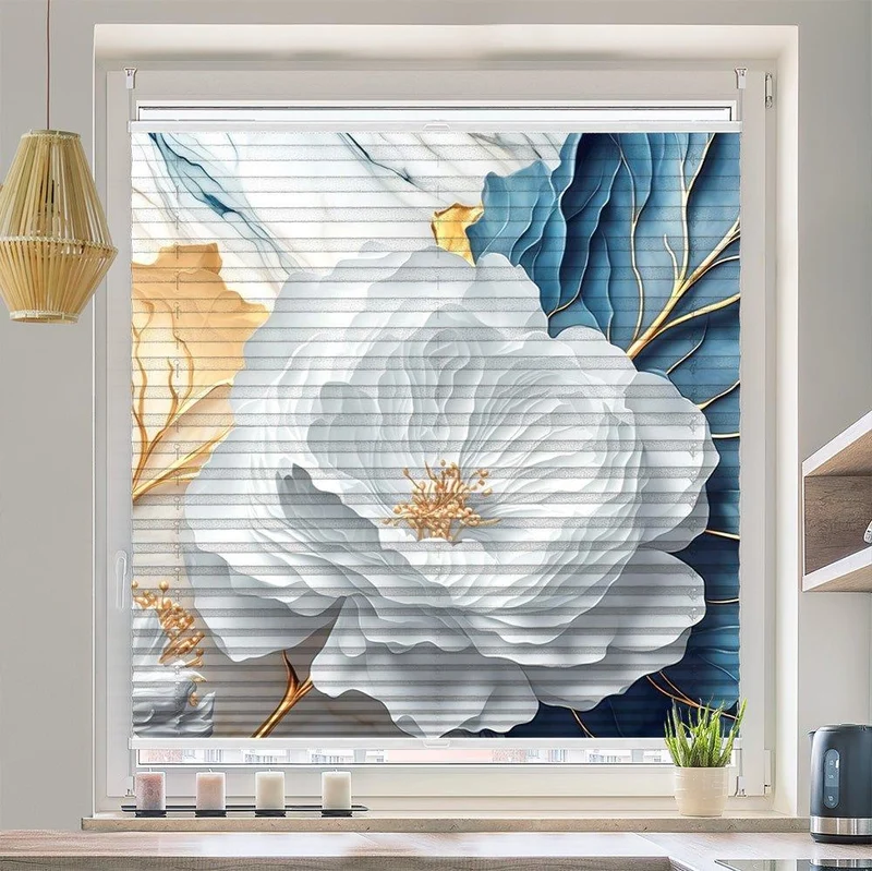 Plissee Motiv "Blume marmor weiss"