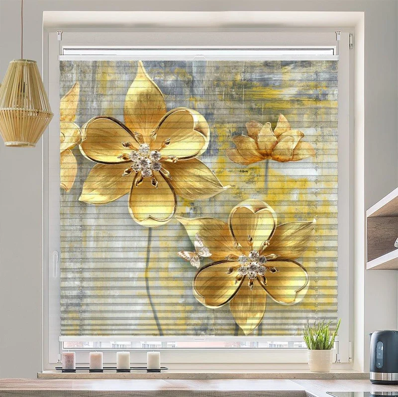 Plissee Motiv "Blumen gold"