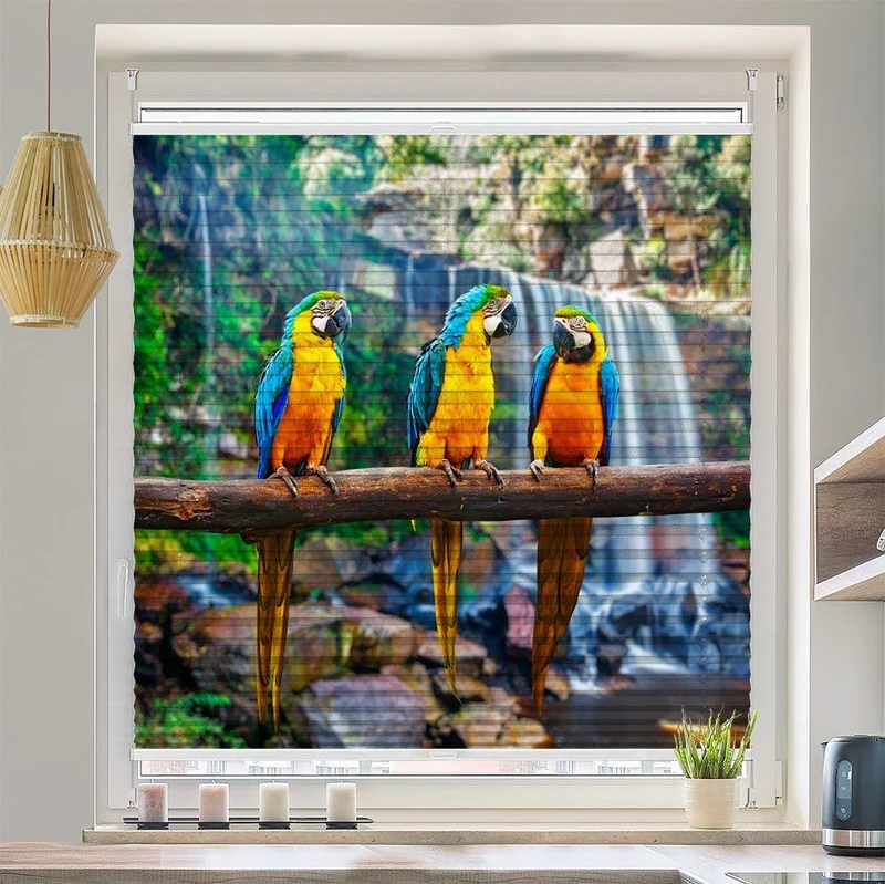 Wabenplissee Motiv "Papageien Urwald Wasserfall"