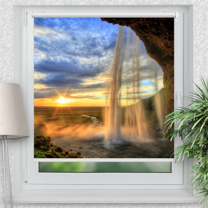 Klemmfix Rollo "Wasserfall Island Sonnenuntergang" | Motiv-Klemmrollo