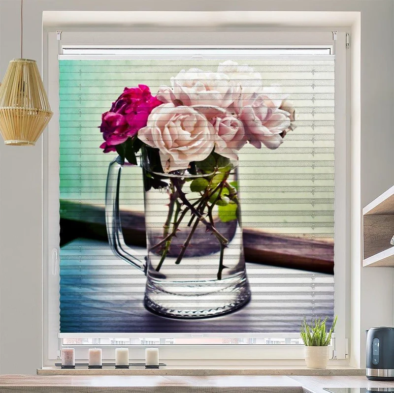 Plissee Motiv "Vase Rosen Herz"